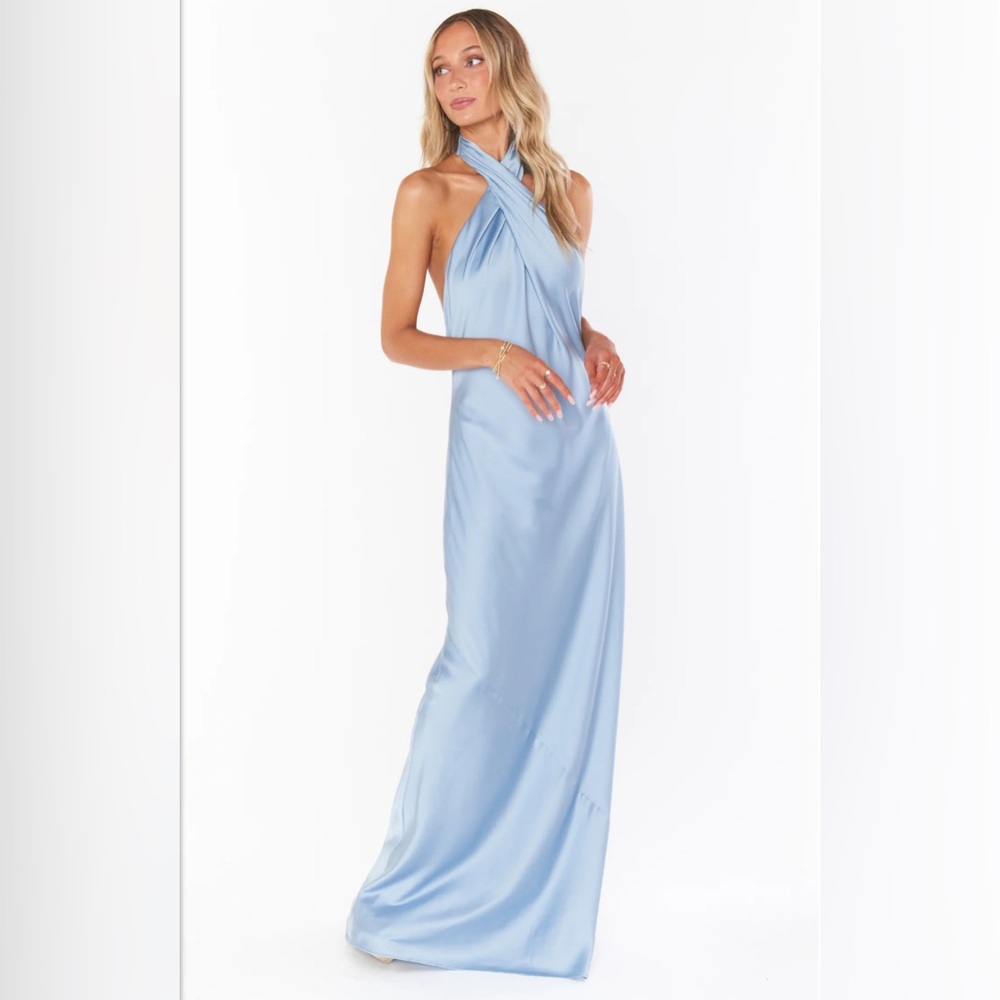 NWOT- Show me your Mumu- Jasmine Halter Maxi Dress- steel blue luxe satin